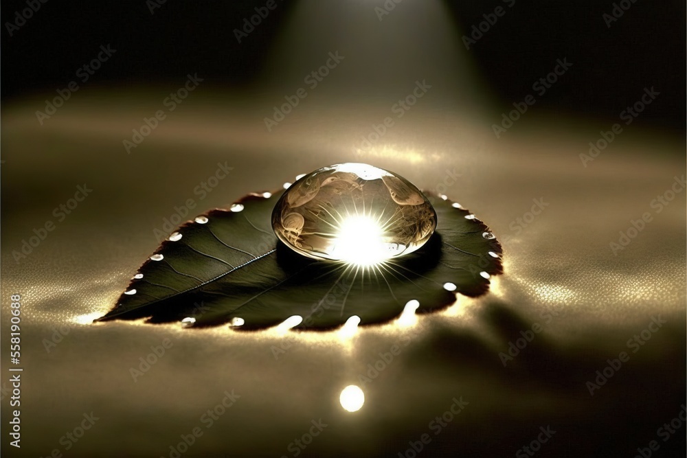 Poster a leaf with a light shining on it and a drop of water on top of the leaf, with a light shining on th