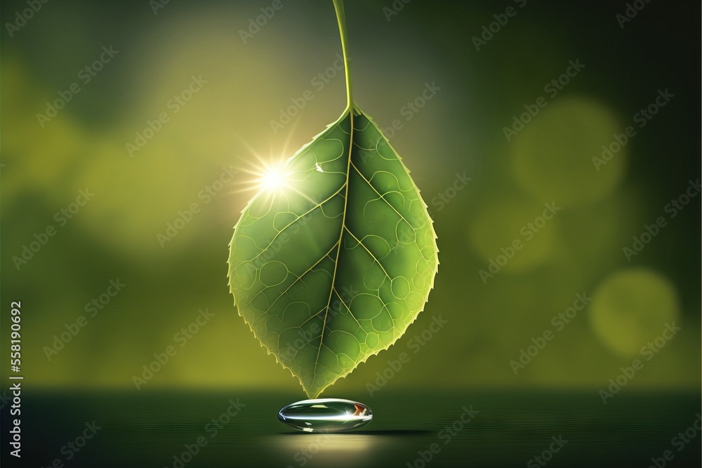 Poster a green leaf with a drop of water on a green background with a sunburst in the middle of the leaf an