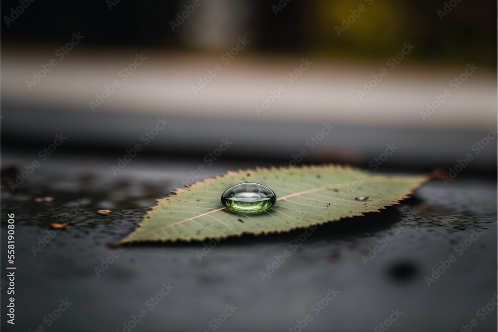 Poster a single leaf with a drop of water on it's leaflet sitting on a wet surface with a blurry background