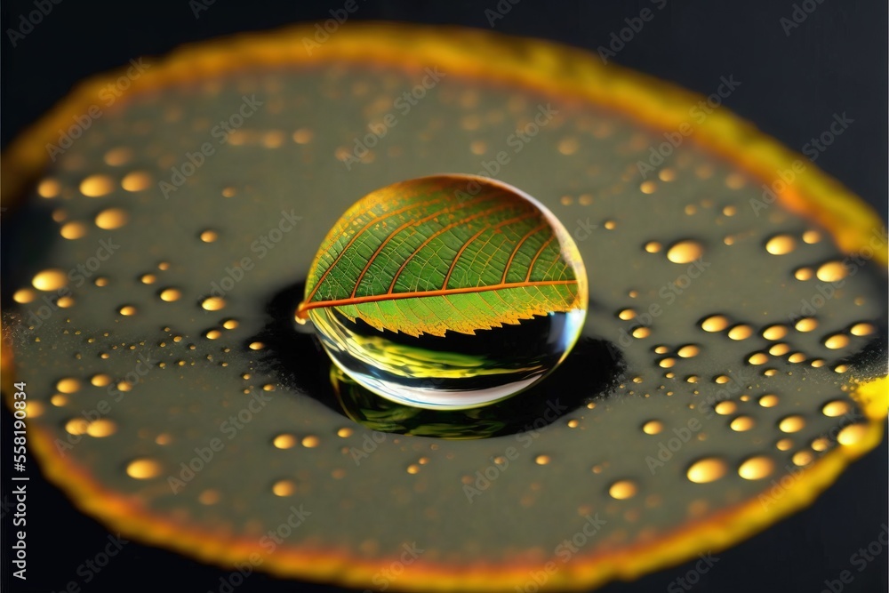Aufkleber a leaf is reflected in a drop of water on a surface with drops of water on it and on top of the leaf