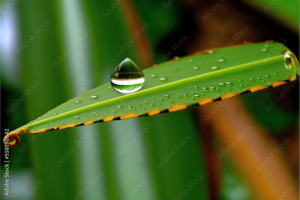 Poster a green leaf with a drop of water on it's end and a green background with a green leaf with a white 