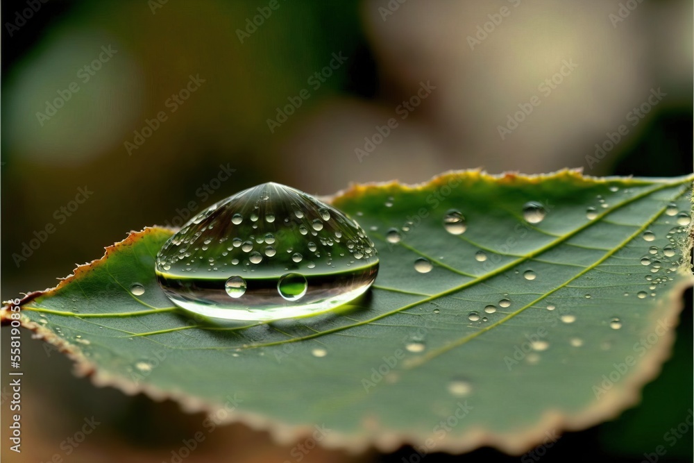 Poster a green leaf with water droplets on it's leaves and a blurry background of trees and bushes in the b