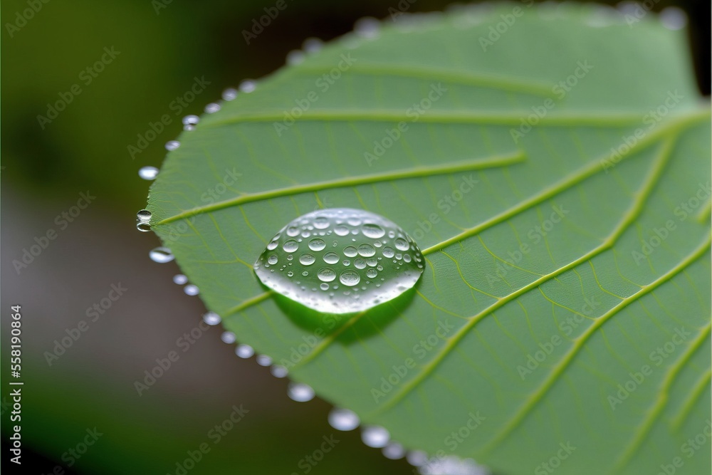Poster a green leaf with a drop of water on it's leaf surface and a green leaf with a green leaf behind it 