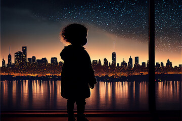 Child silhouette with a big city in the background cartoon style