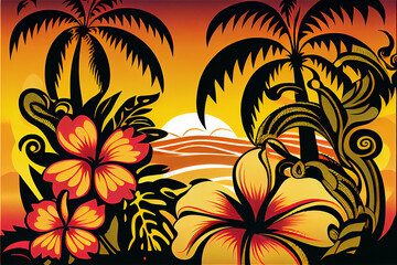 Fototapeta na wymiar Hawaiian style pattern with hibiscus flowers and lush vegetation ideal for exotic backgrounds