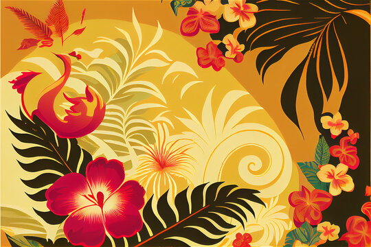 Hawaiian style pattern with hibiscus flowers and lush vegetation ideal for exotic backgrounds