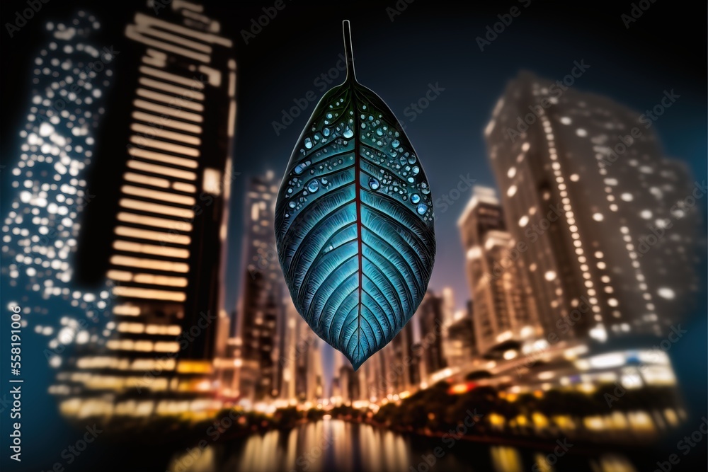 Poster a leaf hanging from a string in front of a cityscape at night with lights reflecting off of the wate