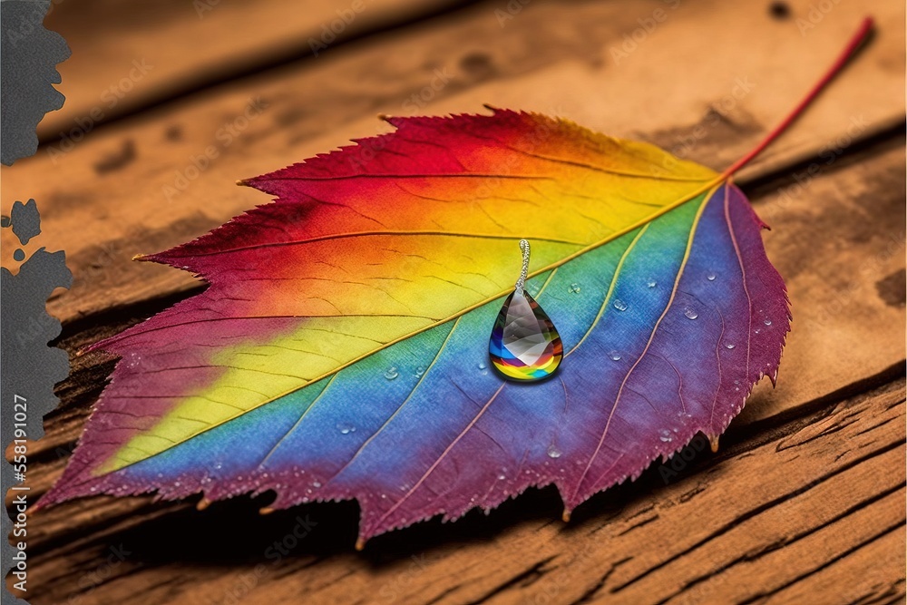 Poster a colorful leaf with a drop of water on it's end sitting on a wooden surface with a wooden backgroun