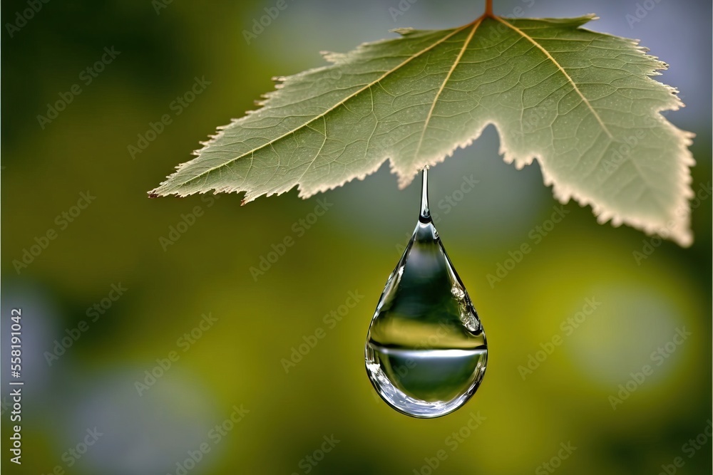 Poster a drop of water hanging from a leaf on a branch of a tree in the sun with a blurry background of gre