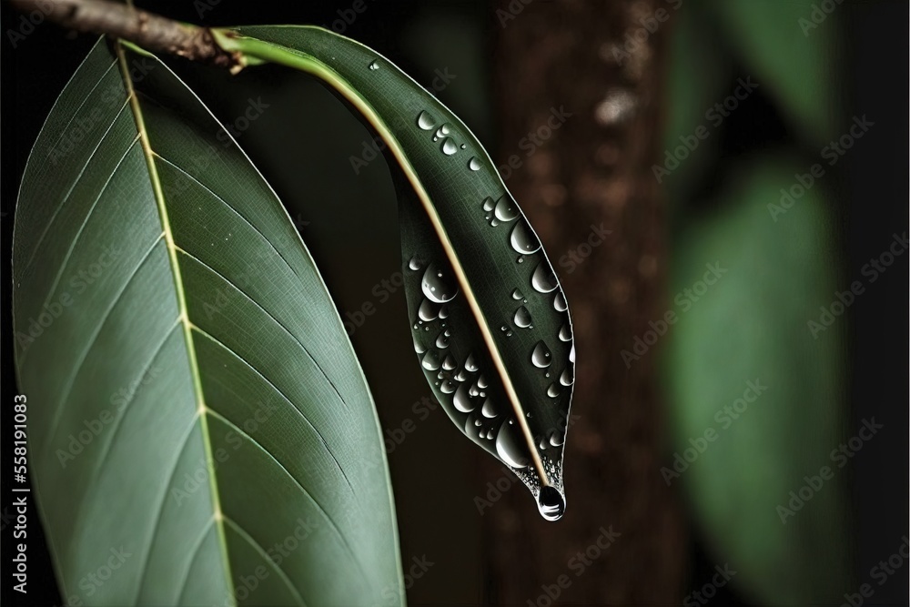 Poster a green leaf with water drops on it's leaves and a branch with a tree in the background with a dark 