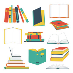 Set of books in different positions and colors. Library and bookstore elements in a flat style, isolated icons set on white background. Jpeg