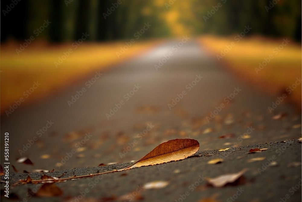 Poster a leaf laying on the side of a road in the middle of a field with a road in the background and trees