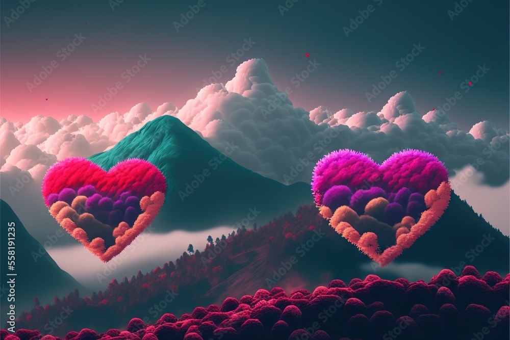 Poster two heart shaped objects floating in the air above a mountain range with clouds and mountains in the