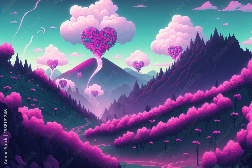 Poster a painting of a mountain landscape with a heart shaped tree in the middle of the picture and clouds 