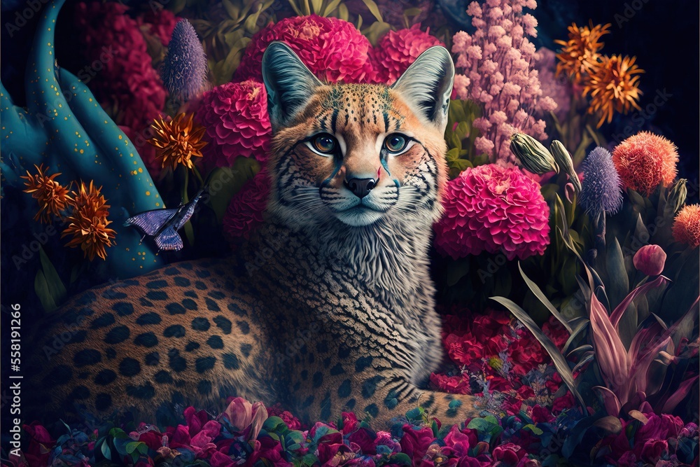 Poster a painting of a leopard surrounded by flowers and a blue bird in the background with a butterfly on 