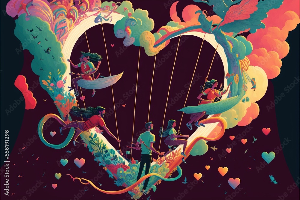 Poster a couple of people riding on top of a heart shaped kite in the sky with a sky background and clouds 