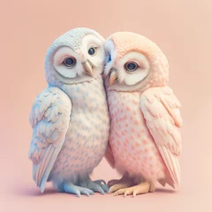 Aluminium Prints Owl Cartoons A cute, little two baby owls hug each other, a symbol of love. Pastel, creative, animal concept. Valentine's Day, a small owl couple in a pet relationship. Illustration. Generative AI.
