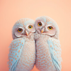A cute, little two baby owls hug each other, a symbol of love. Pastel, creative, animal concept. Valentine's Day, a small owl couple in a pet relationship. Illustration. Generative AI.