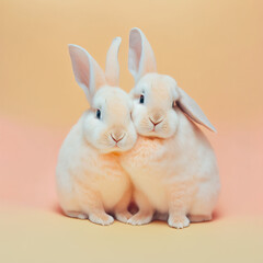 A cute, little two baby bunny hug each other, a symbol of love. Pastel, creative, animal concept. Valentine's Day, a small rabbit couple in a pet relationship. Illustration. Generative AI.