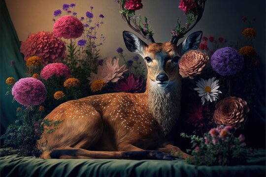  a deer is laying down in a field of flowers and daisies with a backdrop of flowers and a drab curtain behind him is a backdrop of flowers and a green cloth with a. Generative AI