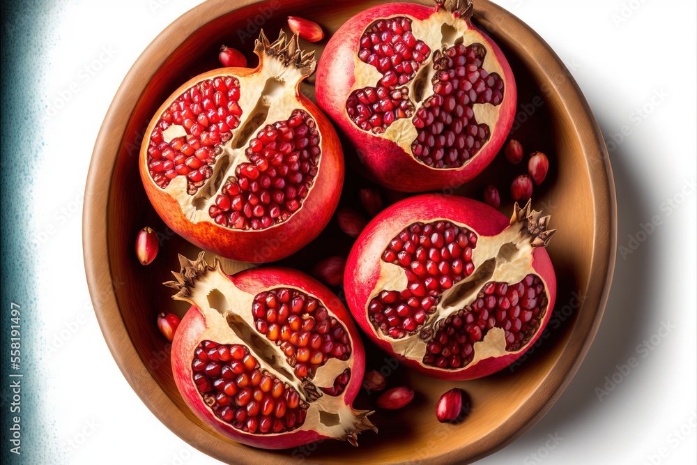Poster a bowl of pomegranates on a white background with a white tablecloth and a blue table cloth with a w