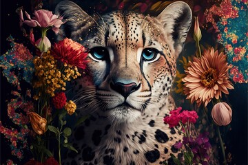  a painting of a cheetah surrounded by wildflowers and other wildflowers, with a blue - eyed, blue - eyed, blue - eyed, black - eyed, leopard - eyed, leopard - like face,.Generative AI  - obrazy, fototapety, plakaty