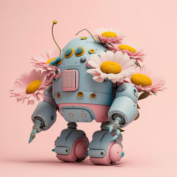 Small Spring Robot, Pastel Colored Cyborg Covered With Fresh Flowers. A Beautiful Space Traveler Who Spreads Love. Pink Background. Illustration. Generative AI.