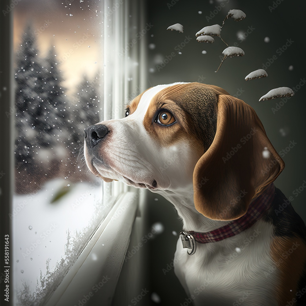 Aufkleber a brown and white dog looking out a window at a snowy scene with a pine tree and a pine cone in the 