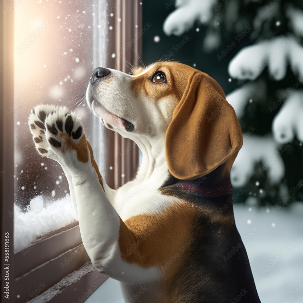 Poster a brown and white dog standing next to a window in a snow covered forest with snow falling on it's p