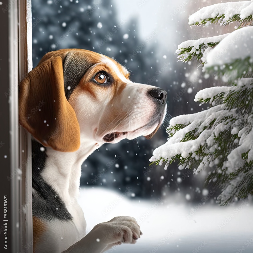 Poster a dog looking out of a window at a snowy scene with a pine tree in the foreground and a dog looking 