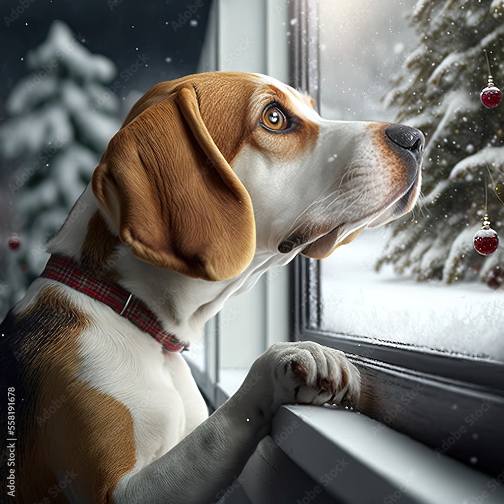 Poster a dog looking out of a window at a christmas tree and a snow covered tree with red berries hanging f