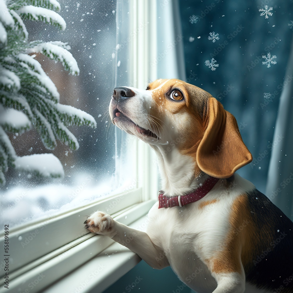 Aufkleber a dog looking out of a window at snow falling on the ground and a pine tree in the window sill behin