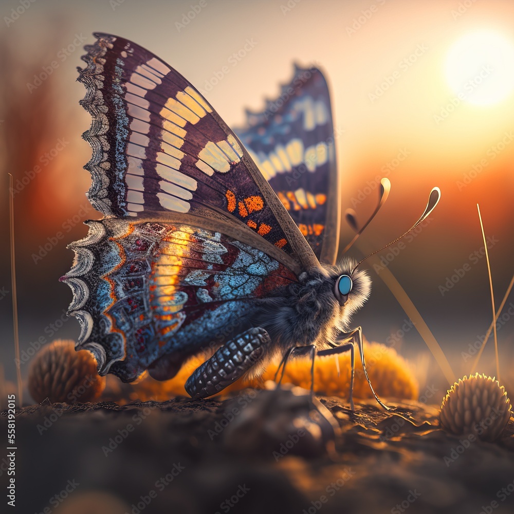 Aufkleber a colorful butterfly sitting on top of a pile of dirt next to a cactus and a pine cone with a bright