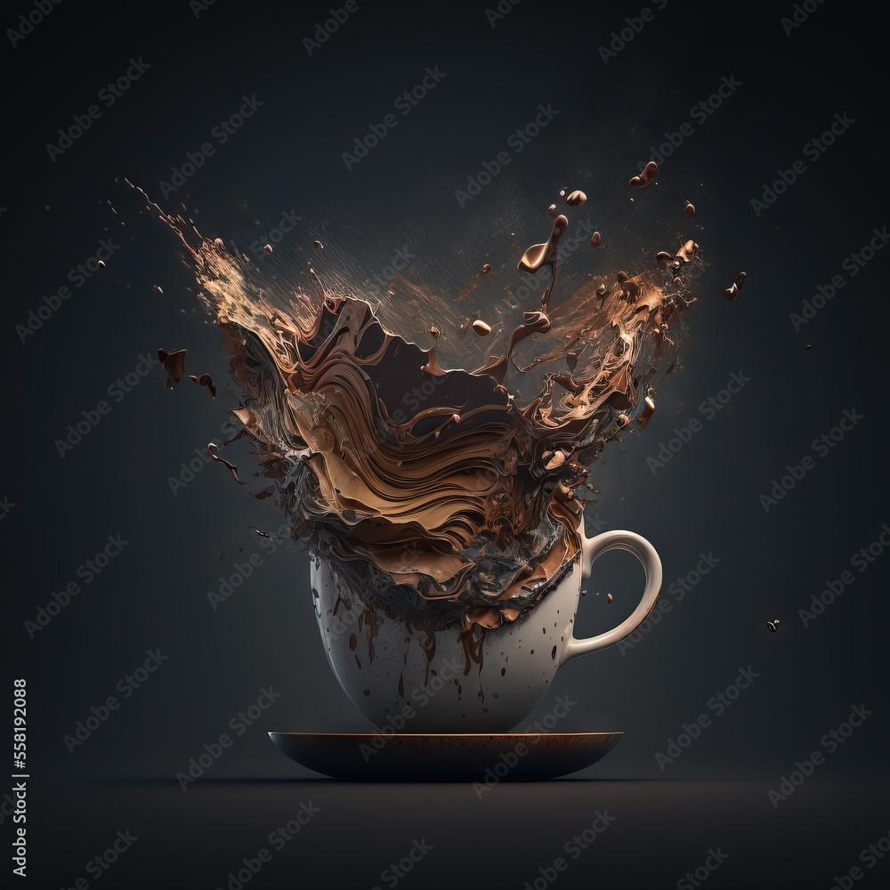 Poster a coffee cup with a liquid splashing out of the top of it on a black background with a black backgro