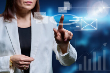 Business woman hands pointing at interface with electronic communication