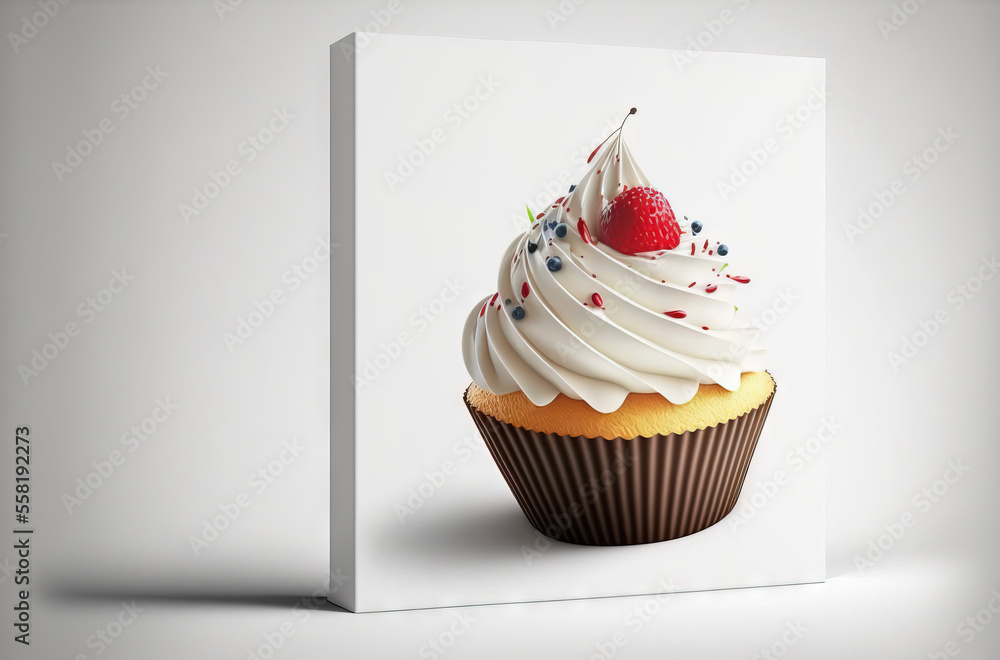 Aufkleber a cupcake with white frosting and a strawberry on top of it on a white background with a shadow of t