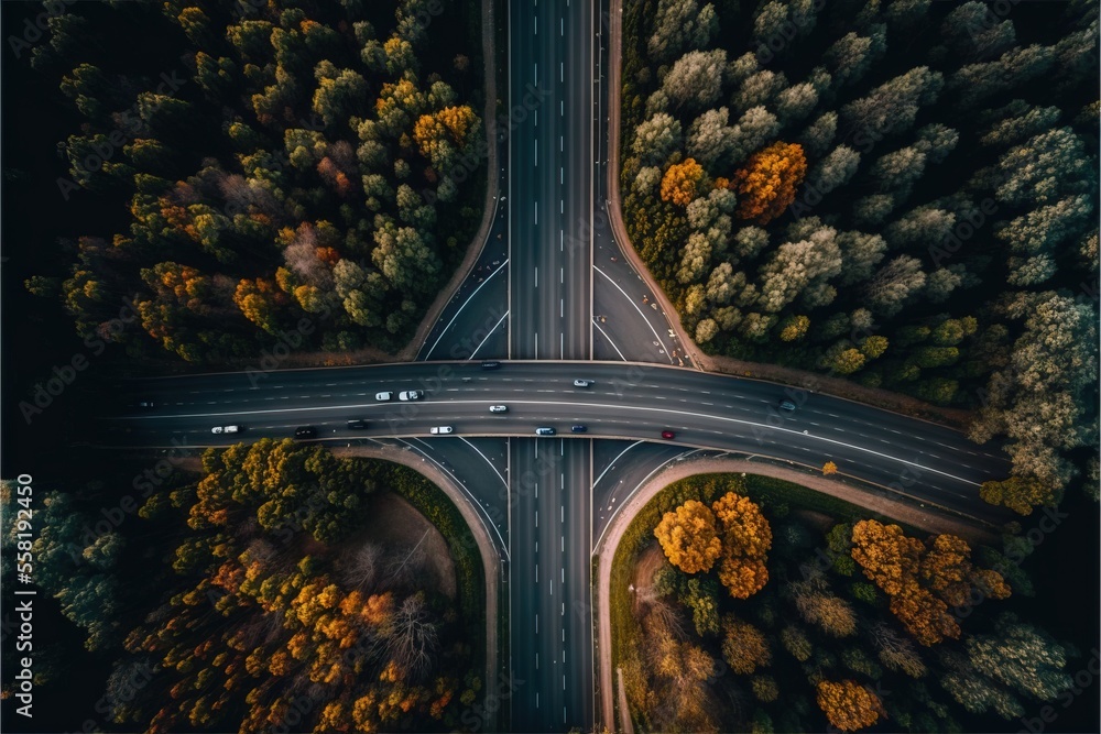 Poster an aerial view of a road intersection in the middle of a forest with cars driving on it and trees wi