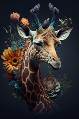 Obraz premium a giraffe with flowers on it's head and a flower arrangement on its neck and neck, against a dark background with a black backdrop of flowers and leaves and a blue sky.