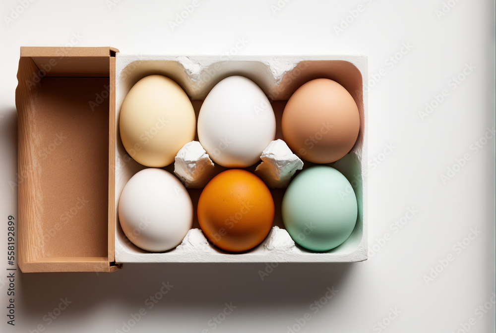 Poster an open box of eggs on a white surface with one egg in the middle of the box and one egg in the midd