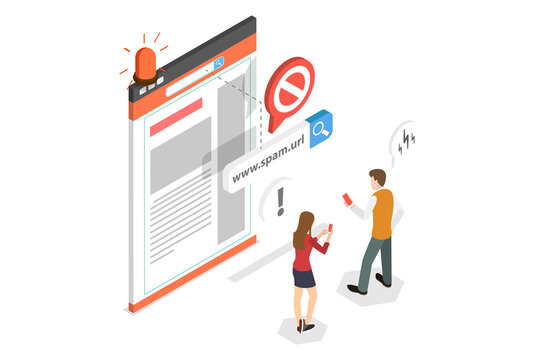 3D Isometric Flat  Conceptual Illustration of Spam Link Warning