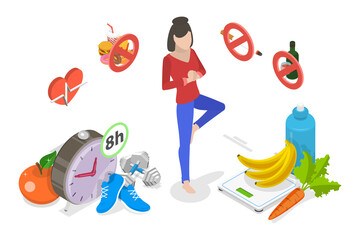 3D Isometric Flat  Conceptual Illustration of Healthy Lifestyle