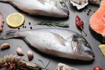 Fresh raw dorado fish, salmon and oyster on grey table, closeup