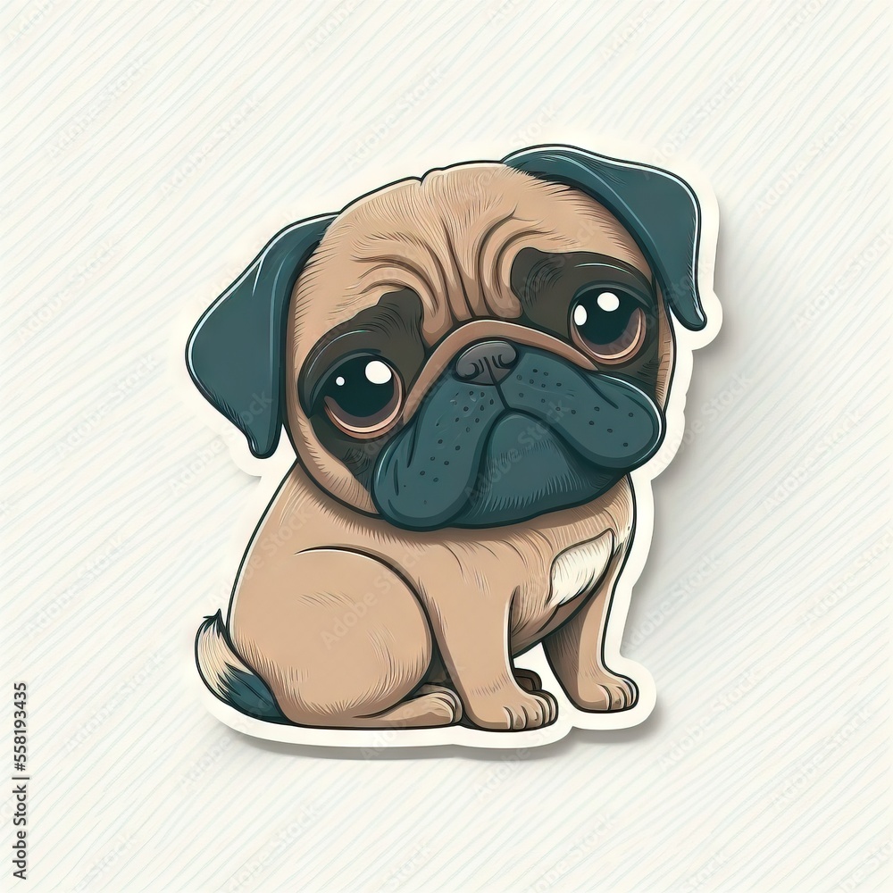 Poster a sticker of a pug dog with sad eyes and a sad look on its face, sitting on a white background with 