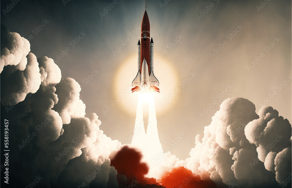 Poster a space shuttle taking off into the sky with clouds and sun in the background and a jet liner in the