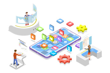 3D Isometric Flat  Conceptual Illustration of React Native Development