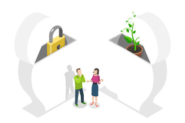 3D Isometric Flat  Conceptual Illustration of Fixed Vs Growth Mindset