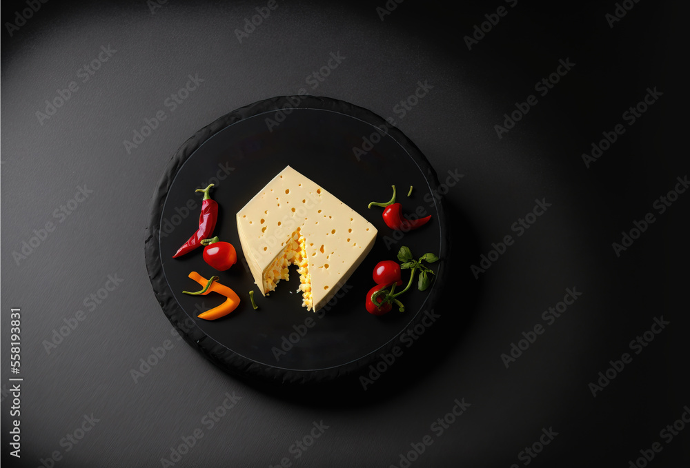 Poster a black plate with a piece of cheese on top of it with peppers and chilies around the edge of the pl
