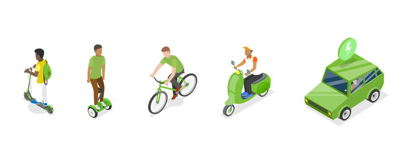 3D Isometric Flat  Conceptual Illustration of Green Energy Transport Set