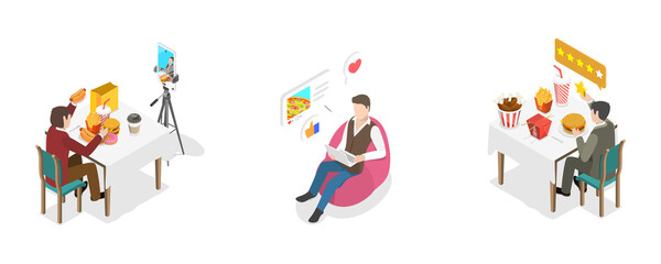 3D Isometric Flat  Conceptual Illustration of Food Blogging