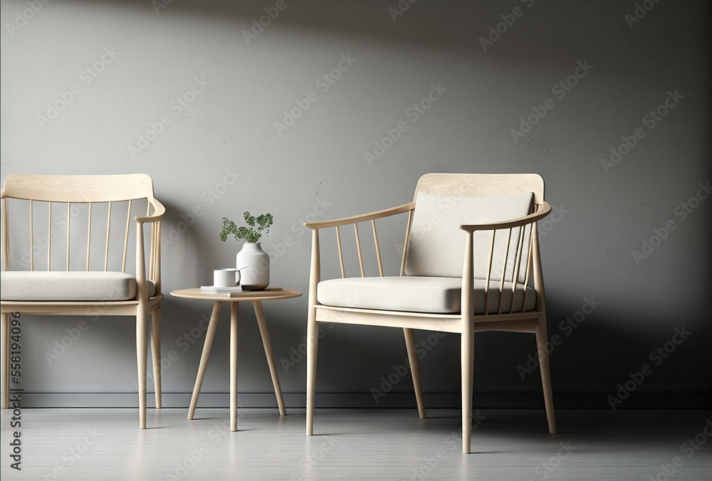 Poster a couple of chairs sitting next to each other on a floor next to a table with a potted plant on it a